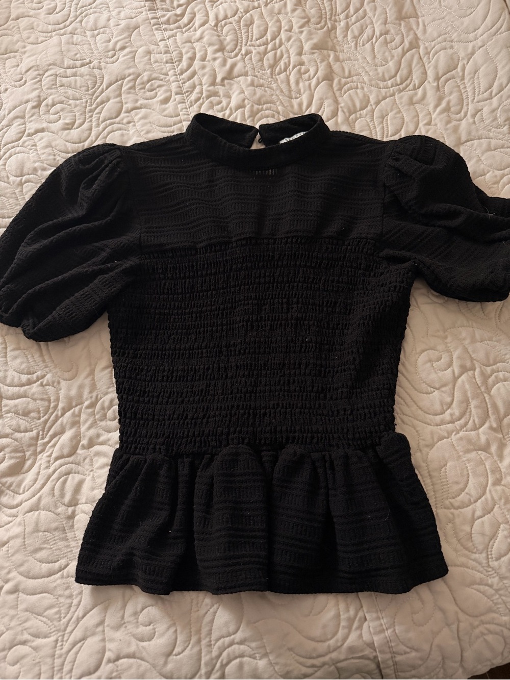 Bagatelle Black Smocked Peplum Puff-Sleeve Top Size Medium